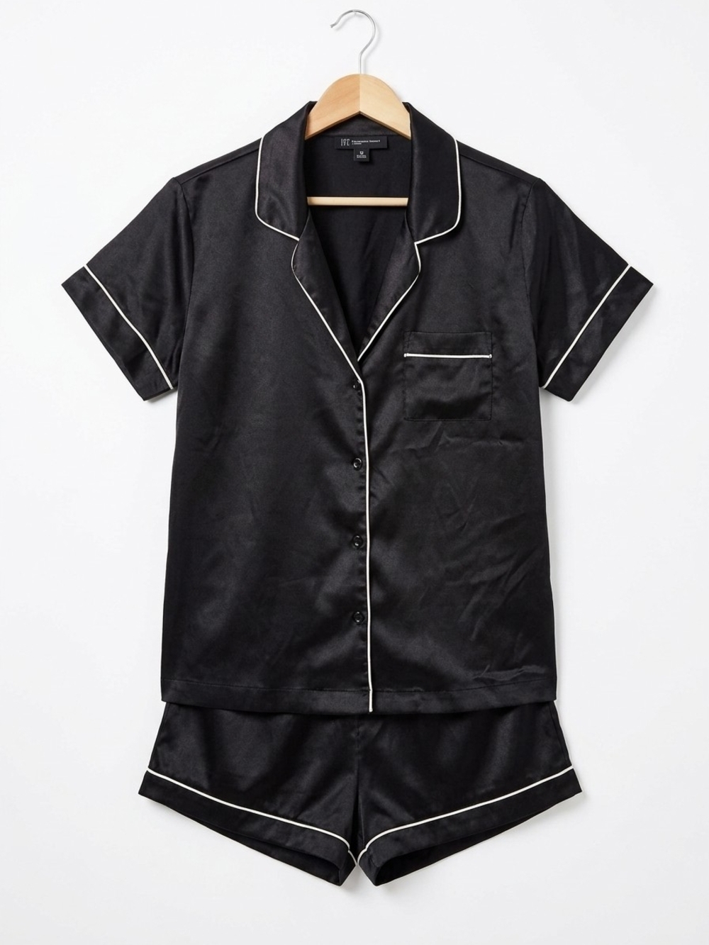 INC International Concepts Black Satin Short-Sleeve Pajama Set with White Trim